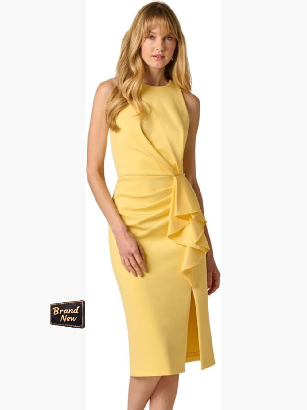 Halter Ruffle Midi Dress with Shirring & Flounce, Sleeveless Sheath, Side Slit,
